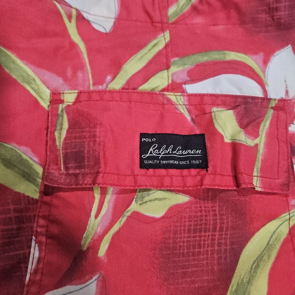 VTG Polo Ralph Lauren Cargo Board Shorts Men M Orange Floral Beach Hawaiian Surf